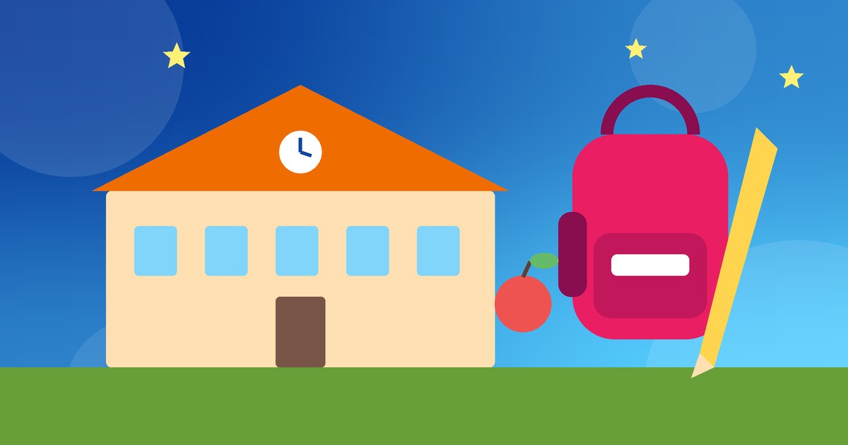School building with a backpack, pencil and apple for the new school year
