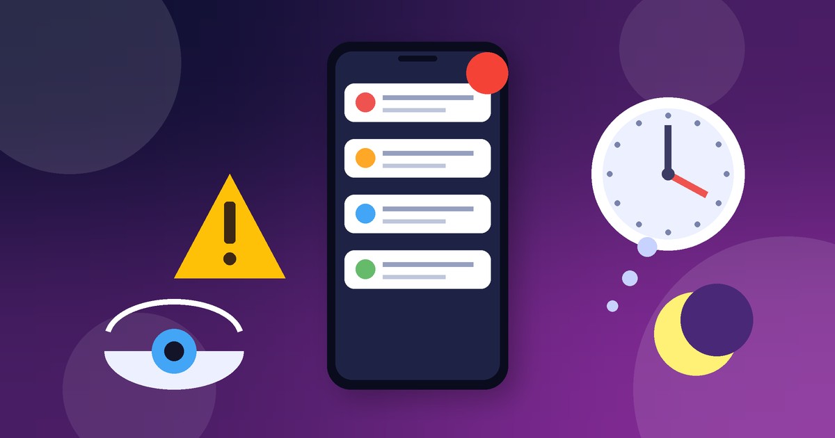Smartphone with piled-up notifications, a clock and a warning sign