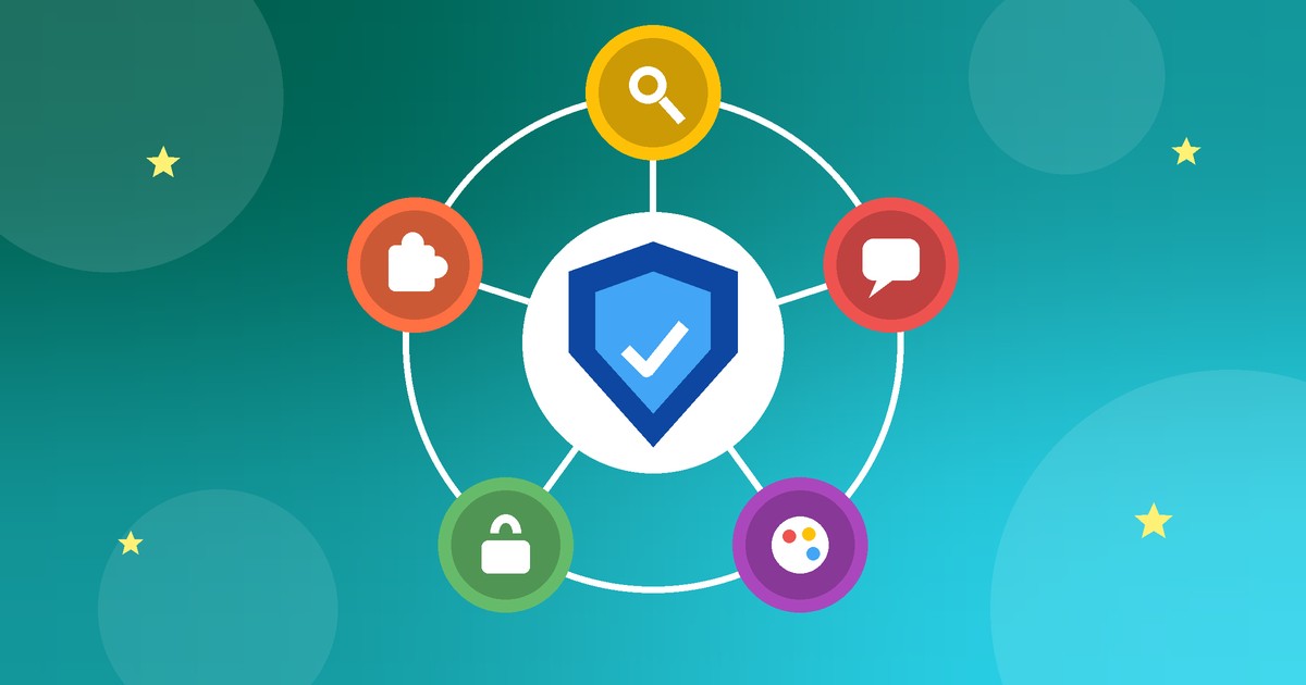Shield surrounded by five icons representing the areas of digital competence